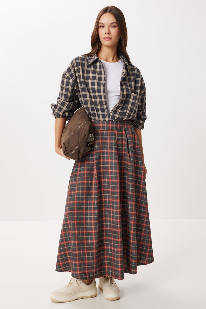 Geruite Hoge Taille Plissé Midi Rok