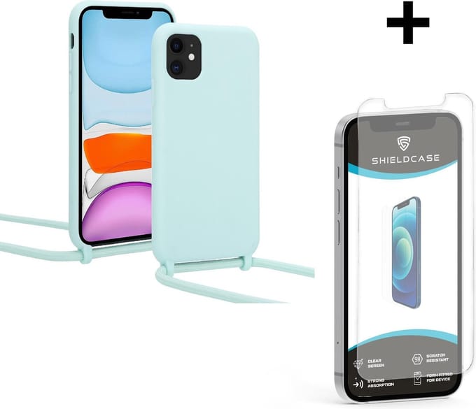 ShieldCase Hoesje met koord geschikt voor Apple iPhone 12 / 12 Pro - 6.1 inch - mint + glazen Screen Protector