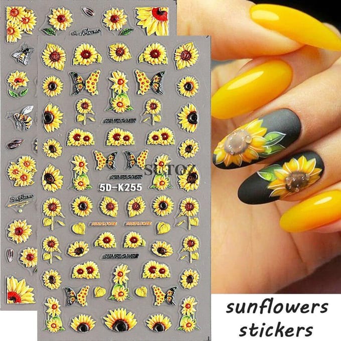 Autocollant pour ongles tournesol, Design d'automne, fleur, papillon, abeille yellow