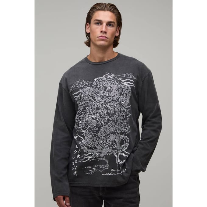 Oversized T-shirt Met Lange Mouwen En Drakenprint In Washed Look | Charcoal | Size Large