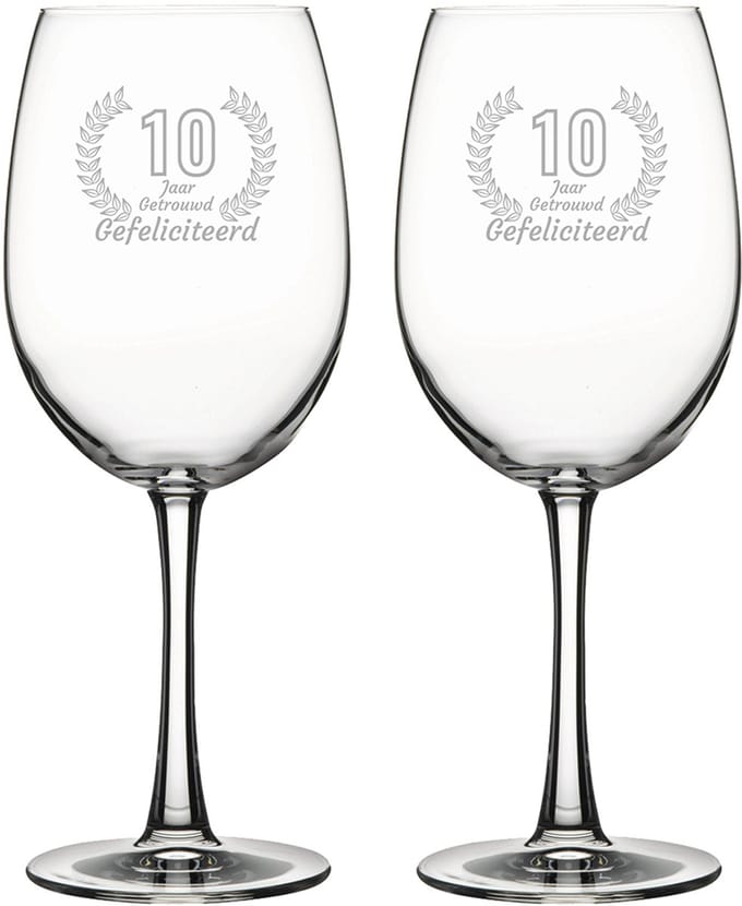 Gegraveerde set rode wijnglazen 46cl Gefeliciteerd 10 jaar getrouwd