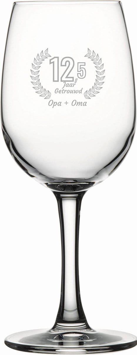 Gegraveerde witte wijnglas 26cl Opa + Oma 12,5 jaar getrouwd