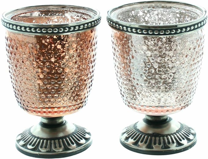 Windlichten - 2 set - Glas - op voet - Ø7 x H10cm - antiek zilver