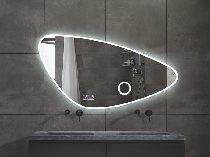 Mawialux LED Badkamerspiegel - Bluetooth en speakers - 140x70cm - Asymmetrisch - Verwarming - Touchscreen - Dimbaar - Catina PLUS