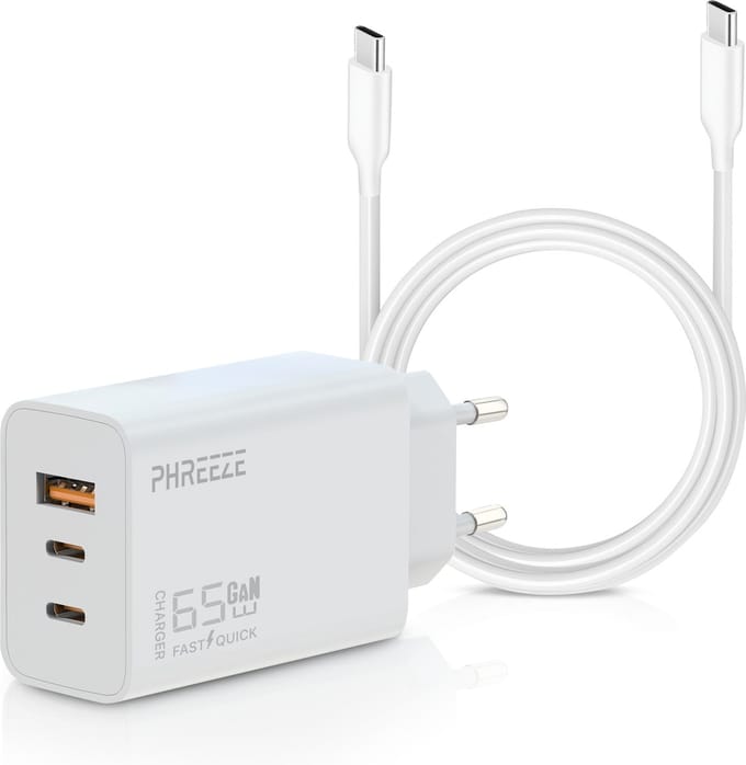 USB C Adapter 65W + USB C Naar USB C Kabel 3 Meter - 2 USB-C & 1 USB-A Snellader - Laptop Oplader Geschikt voor iPhone 15, 16 , Samsung S20, S21, S22, S23, S24, Macbook - Wit