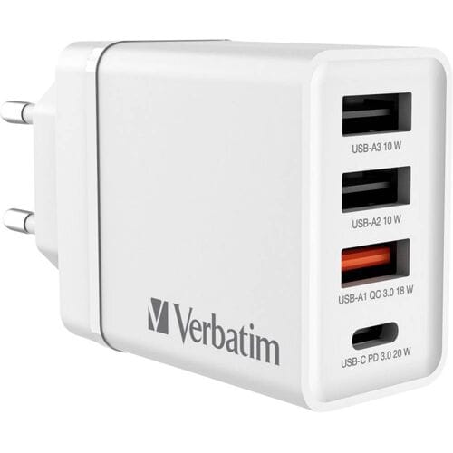 Verbatim CHR-30EU2 USB-oplader 30 W 3x USB-A, 1x USB-C USB PD, QC 3.0, USB PD 3.0 Wit Mobiel, Binnen, Thuis Qualcomm Quick Charge 3.0, USB Power Delivery