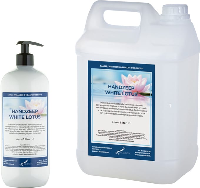 Handzeep White Lotus 1 liter met gratis pomp - hervulbaar + Jerrycan 5 liter navulling