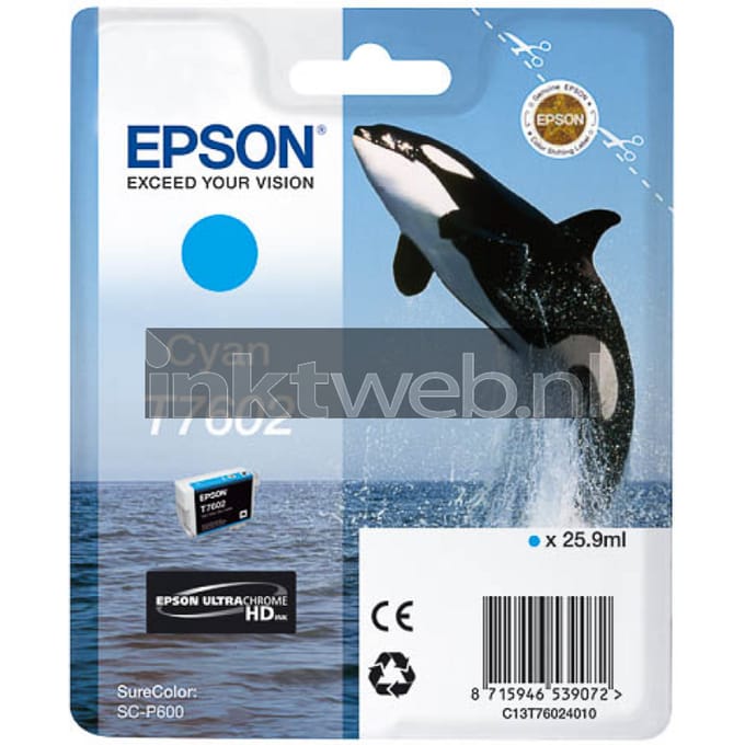 Epson Killer Whale T7602 inktcartridge, cyaan, origineel, 25,9 ml