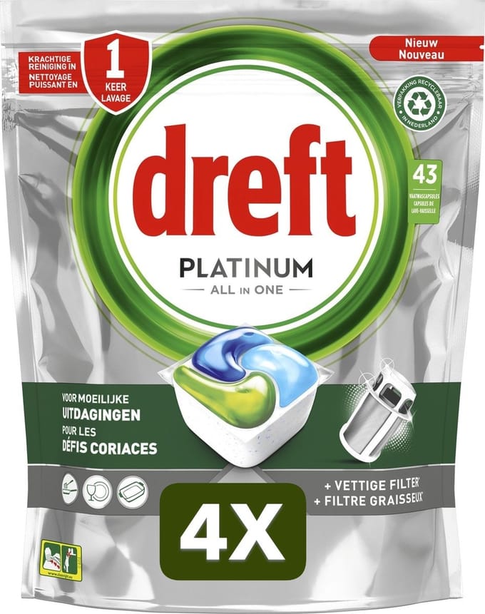 4 x Dreft Platinum All In One - Vaatwascapsules - Original - 43 Capsules