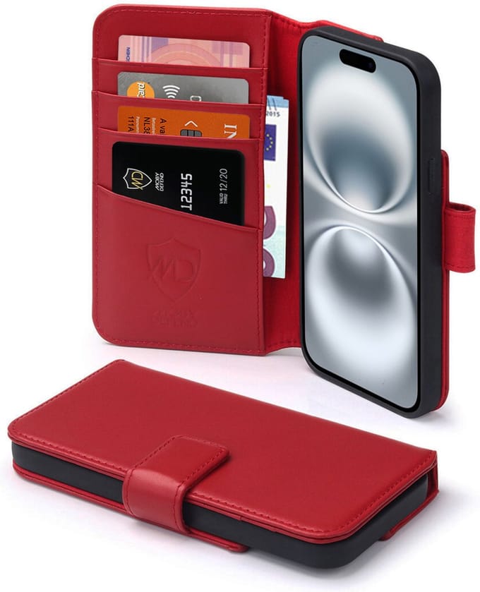 MobyDefend Hoesje - Geschikt voor iPhone 16 - Luxe Leren Wallet Bookcase - Rood