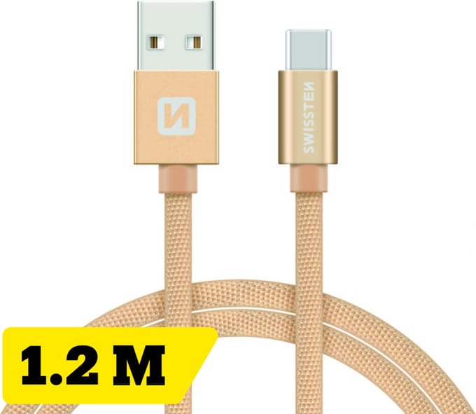 Swissten USB-C naar USB-A Oplaadkabel - 1.2M - Gevlochten Nylon - Snellaadkabel & Datakabel - Goud