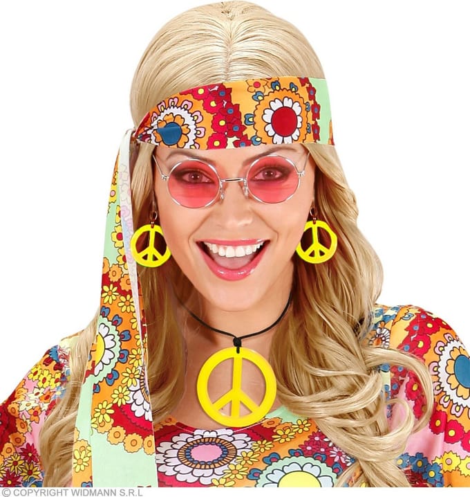 Hippie Peace ketting en oorbellen geel