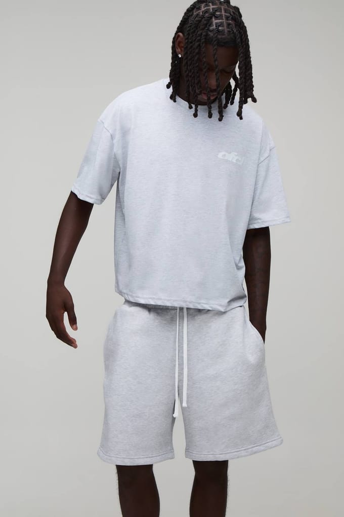 Oversized Boxy Ofcl T-shirt & Verlengd Trekkoord Baggy Short Set | Grey Marl | Size Medium