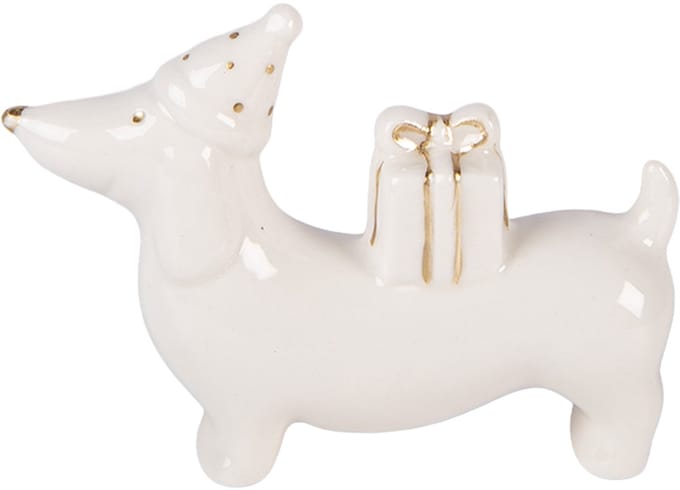 Clayre & Eef Kerstdecoratie Beeld Hond 8x2x5 cm Wit Porselein