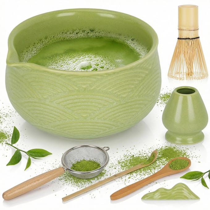 Matcha-Set - Matcha Garde Set - Inclusief Kom En Houder/Bamboe Garde/Schepje/Lepel En Zeef - Matcha-Maakset
