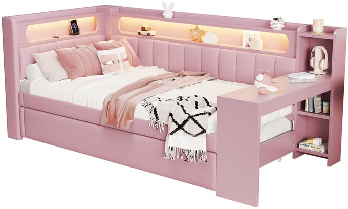 Gestoffeerd dagbed 90x200 - Roze slaapbed met uitschuifbed - LED-verlichting en USB-aansluiting - geïntegreerd bureau, 237 x 103,5 x 93,5 cm