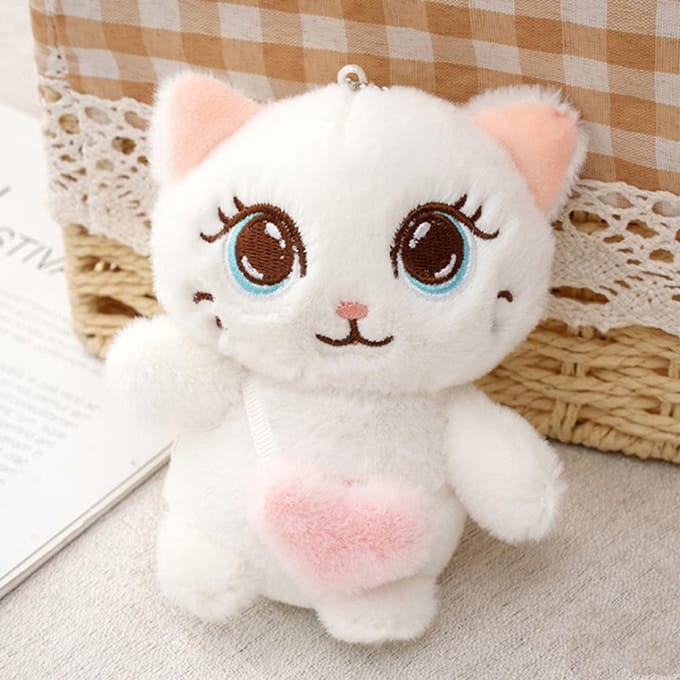 DW4Trading Sleutelhanger Witte Schattige Kitten met Roze Hartje - Kitty