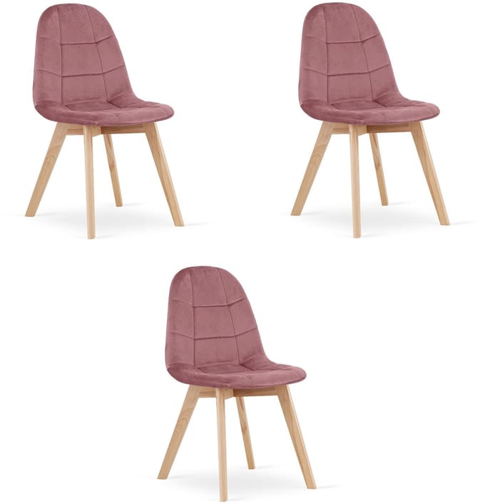 Set van 3 eetkamerstoelen BORA - Donkerroze fluweel - Houten poten - Modern design