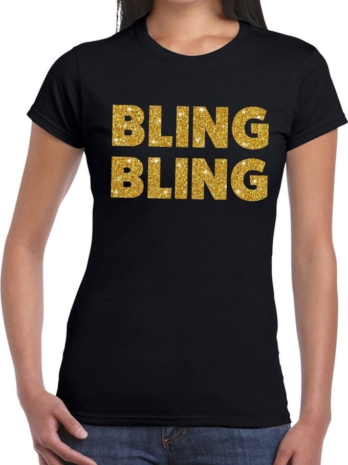 Bling Bling glitter tekst t-shirt zwart dames - dames shirt Bling Bling L