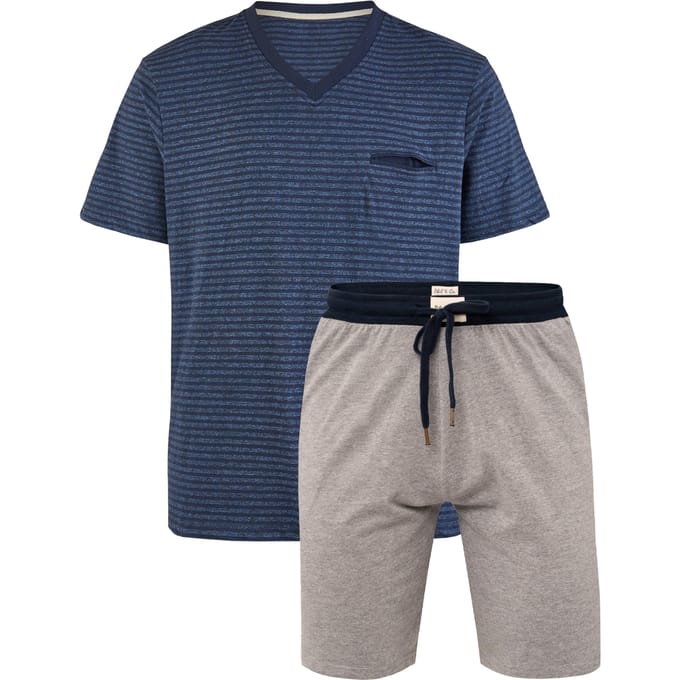 Phil & Co Essential Shortama Heren Korte Pyjama Katoen Blauw / Grijs - Maat XL