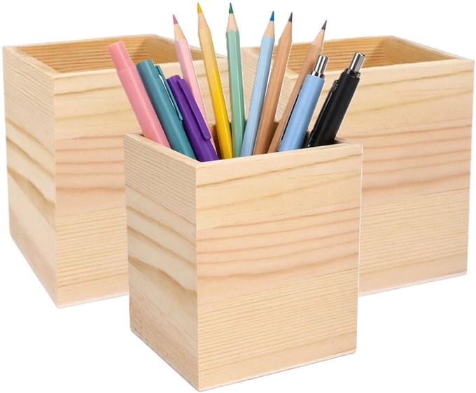 Concorde Pennenbakje - 3x - hout - 8 x 8 x 10 cm - vierkant - bureau organizer