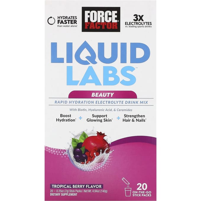 Force Factor, Liquid Labs Beauty, Mélange de Boisson Électrolytique pour Hydratation Rapide, Baies Tropicales, 20 Sachets Sticks, 0,25 oz (7 grammes) Chaque