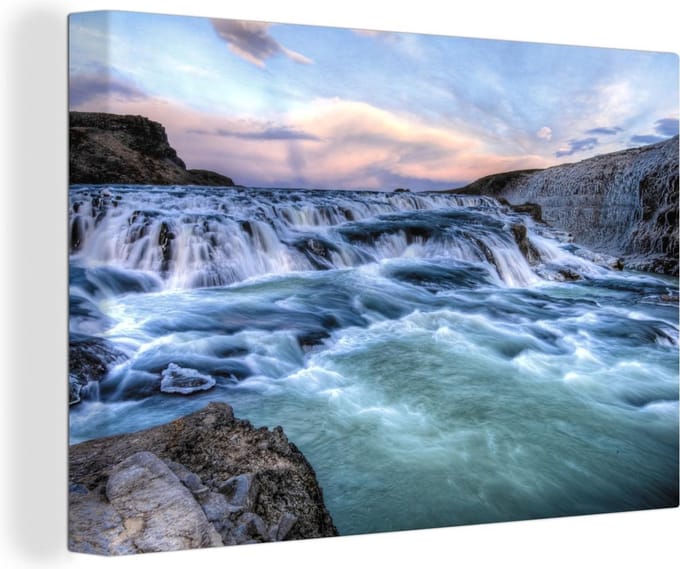 Canvas Schilderij Lichtblauwe kleur van het water bij de Gullfoss waterval - 120x80 cm - Wanddecoratie