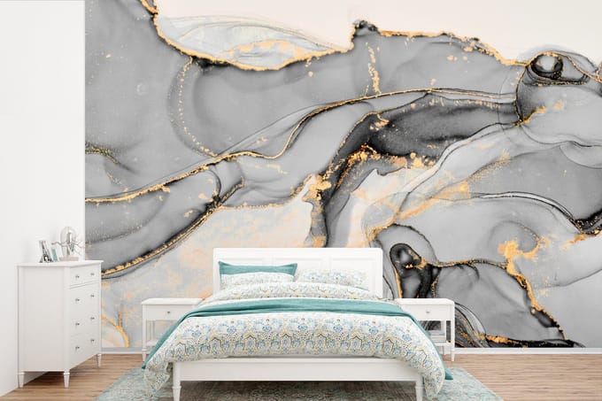 Behang - Fotobehang Marmer - Goud - Grijs - Breedte 420 cm x hoogte 280 cm