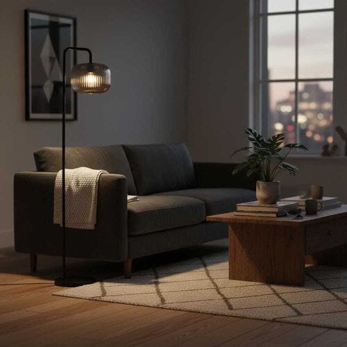 Lusenz - Virello - Zwarte Staande lamp Metaal 150cm - Rookglas - Modern Industrieel design - Woonkamer lamp - E27 fitting - Met voetschakelaar
