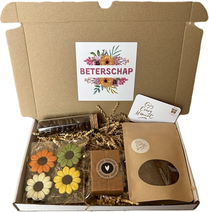 Beterschap koffie chocolade brievenbus cadeau - chocolade mokkaboontjes - koffie - fudge