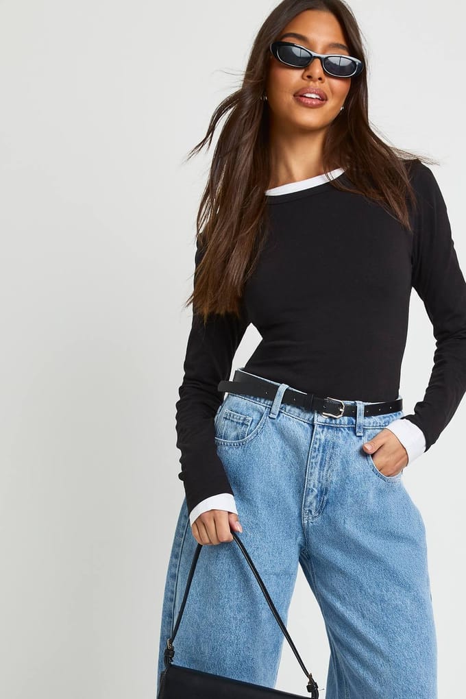 boohoo Dames Langmouwen getailleerde longtop | Zwart | Maat: 44