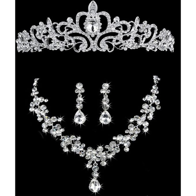 Collier de Mariée Tiare Ensemble Trois Pièces Couronne Accessoires de Mariage Bijoux gray