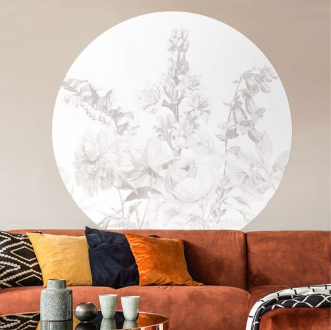 Behangcirkel 80cm Bloemenveld schets - Wallz