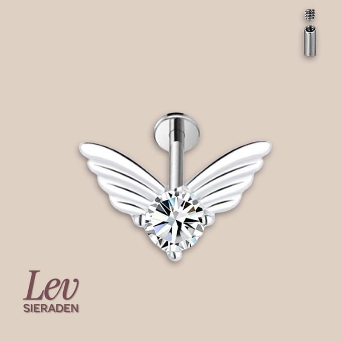 Lev Sieraden - Titanium anglewings labret met transparante steen - 1.2x8mm - Zilver - Intern geschroeft - Internally treaded