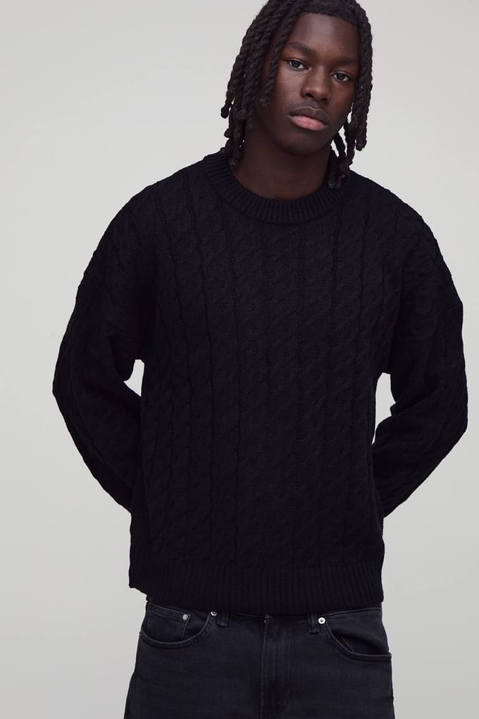 Essential Boxy Fit Cable Knitted Jumper | Black | Size Medium