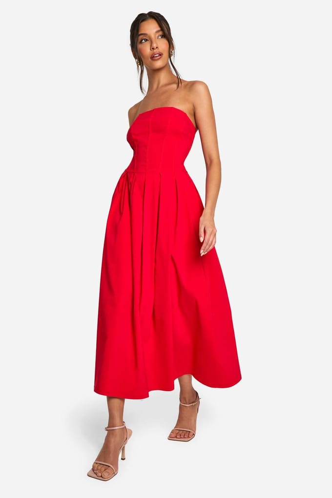 boohoo Dames Bengaline Korset Skater Midaxi Jurk | Rood | Maat: 36