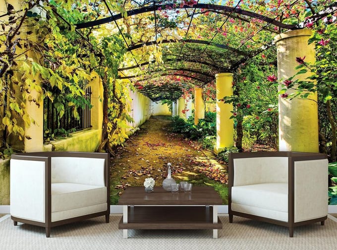 Garden Path Flowers Trees Nature Photo Wallcovering