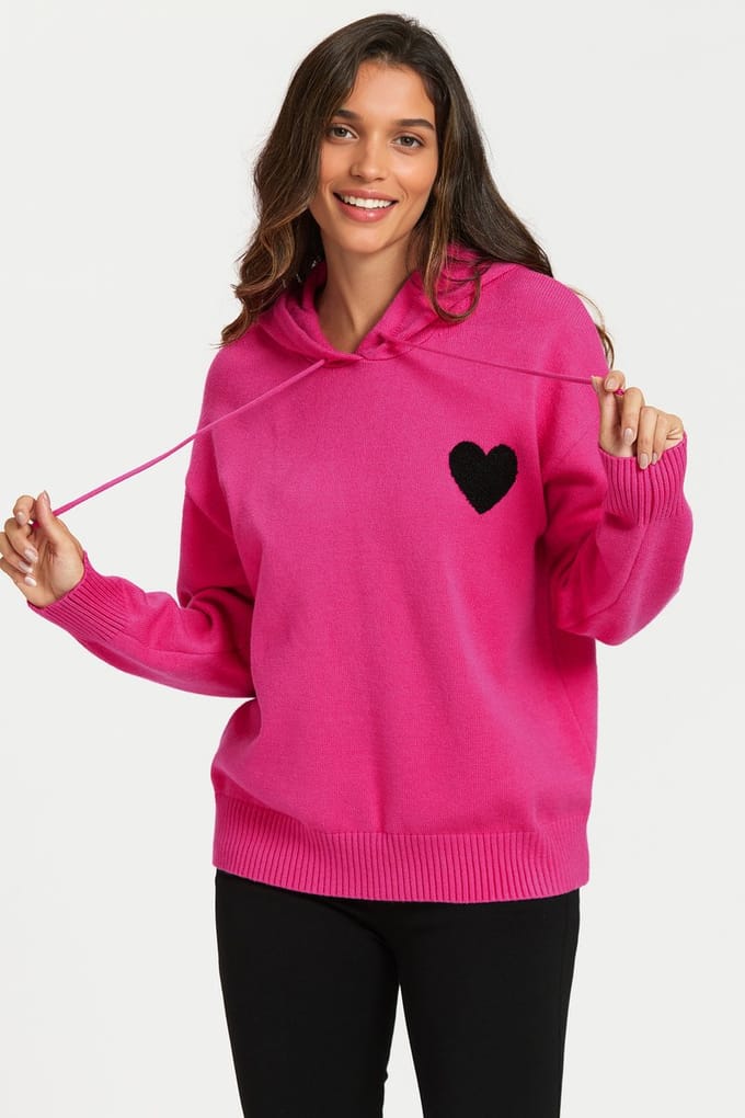 Hartborduursel gebreide hoodie in fuchsia roze