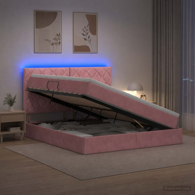 vidaXL - LED - opbergbed - met - matras - Roze - 180 - x - 200 - cm - Fluweel