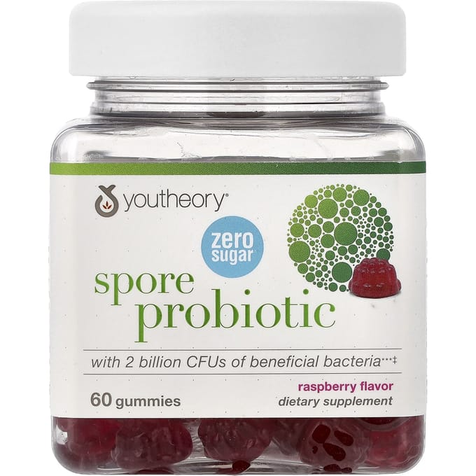 Youtheory, Gommes Probiotiques à Spores, Saveur Framboise, 60 Gommes