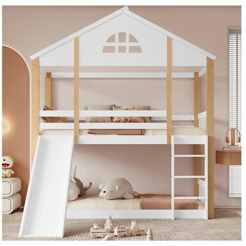 ModernLuxe Stapelbed van massief hout met ladder en glijbaan - 90x200 cm - Wit
