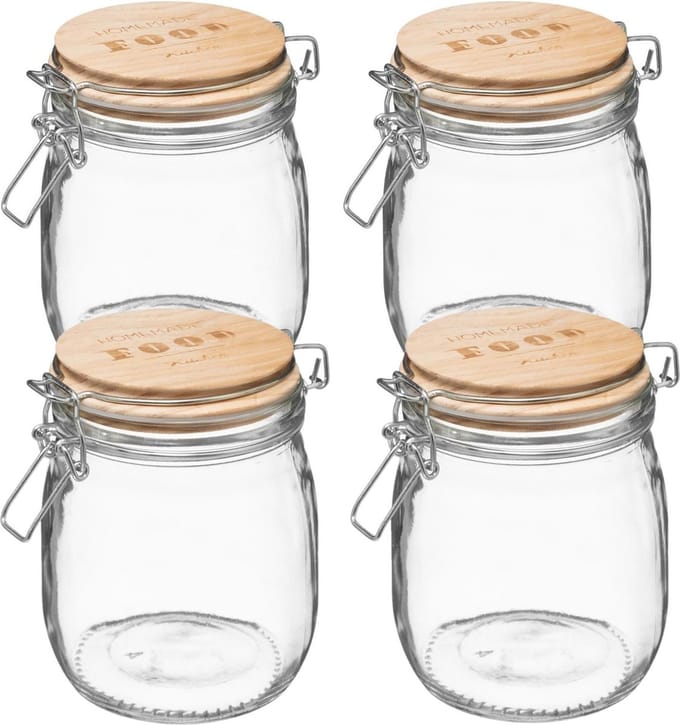 5Five Weckpot/voorraadpot - 4x stuks - 0,75L - glas - houten deksel en beugelsluiting - luchtdichte afsluiting