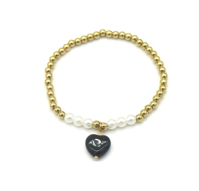 Armband - Elastisch - RVS - Goudkleurig - Hart Steen - Zwart – valentijn – cadeau