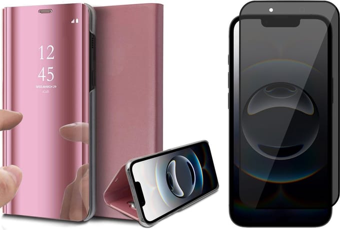 Hoesje geschikt voor iPhone 16e - Privacy Screenprotector Volledig Dekkend Glas - Spiegel Book Case Rosegoud