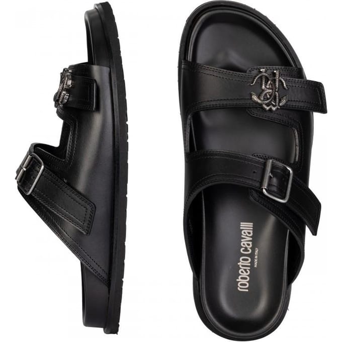Roberto Cavalli Luxe Heren Leren Slippers Nero - Maat: 44 black