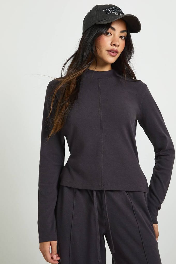 boohoo Dames Geribd lange mouwen hoge hals trainingspak | Houtskool | Maat: Medium
