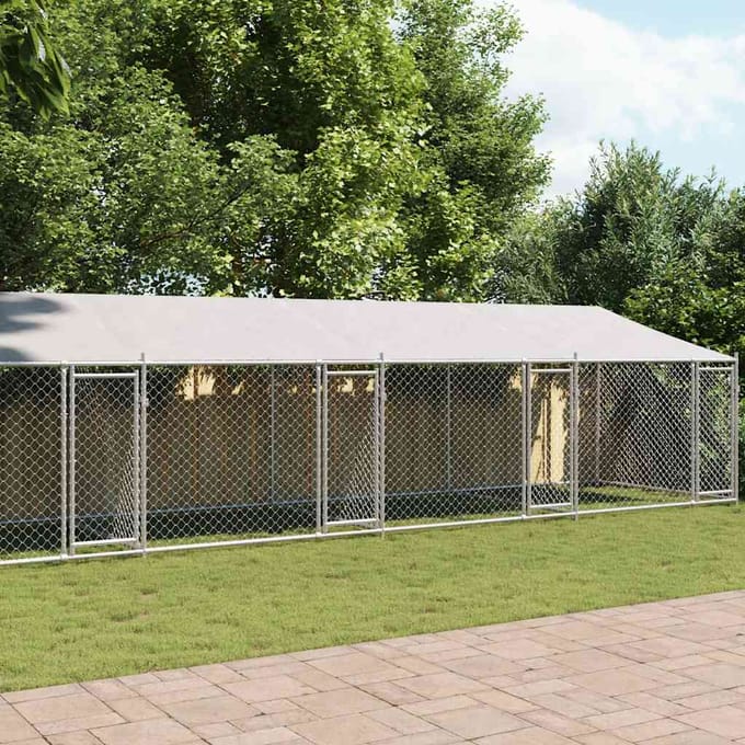 vidaXL Hondenhok met dak en deuren 12x2x2 m gegalvaniseerd staal grijs