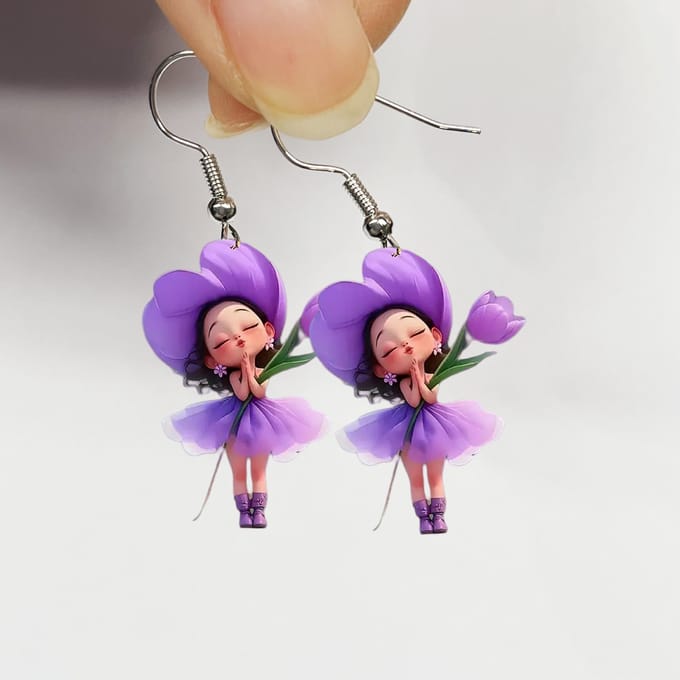 Boucles d'oreilles Fée Fleur Violette Acrylique 2D Mignonnes Belles Fée Fleur Printemps Été violet