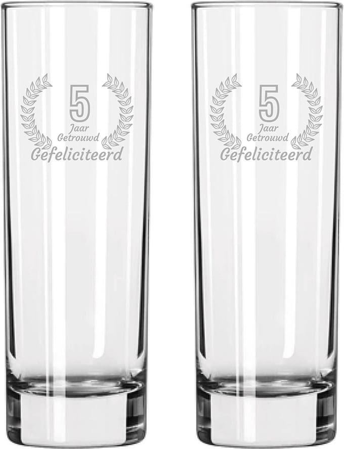 Gegraveerde set Longdrinkglazen 22cl Gefeliciteerd 5 jaar getrouwd