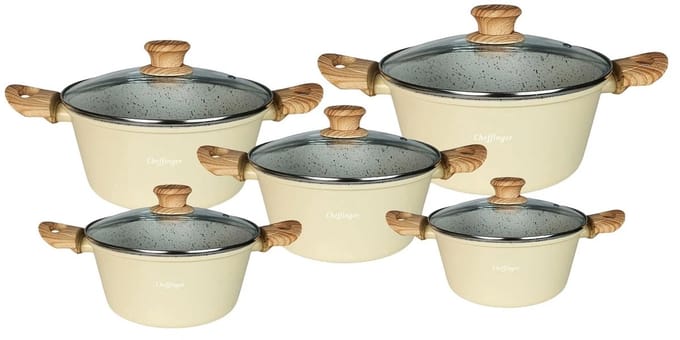 Cheffinger Pannenset - 10-delig - Beige - Inductie - Met Glazen Deksels